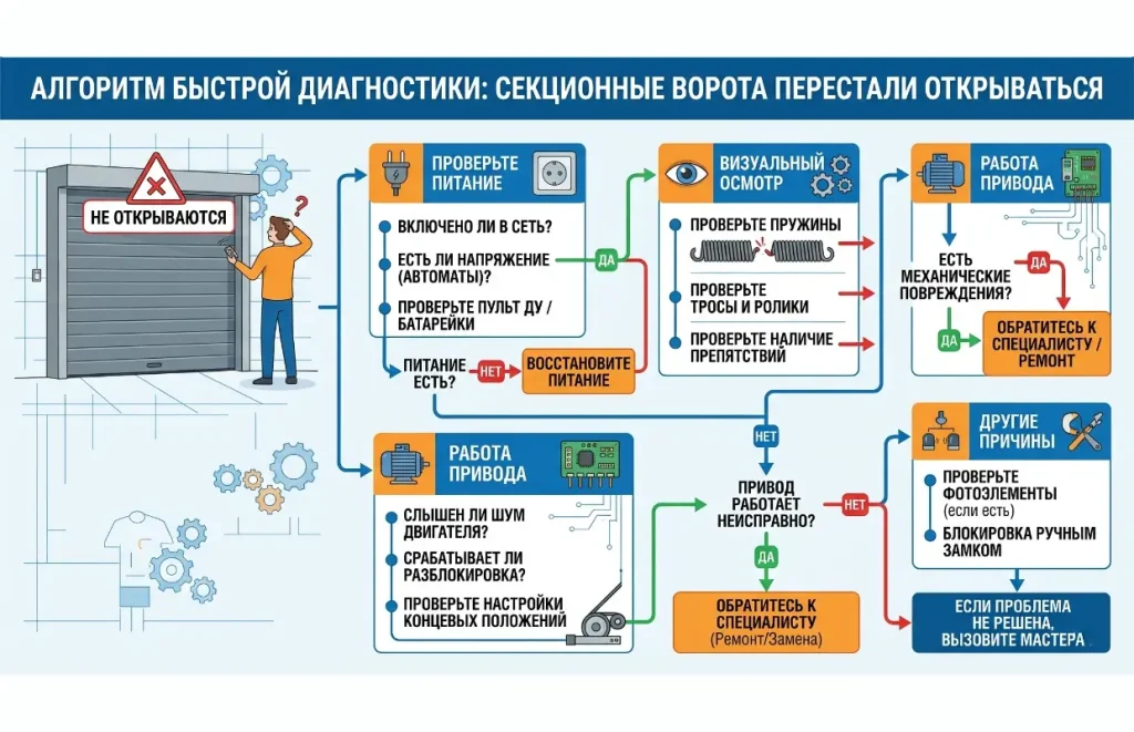 Что делать, если секционные ворота перестали открываться: алгоритм быстрой диагностики 1 algoritm proverki
